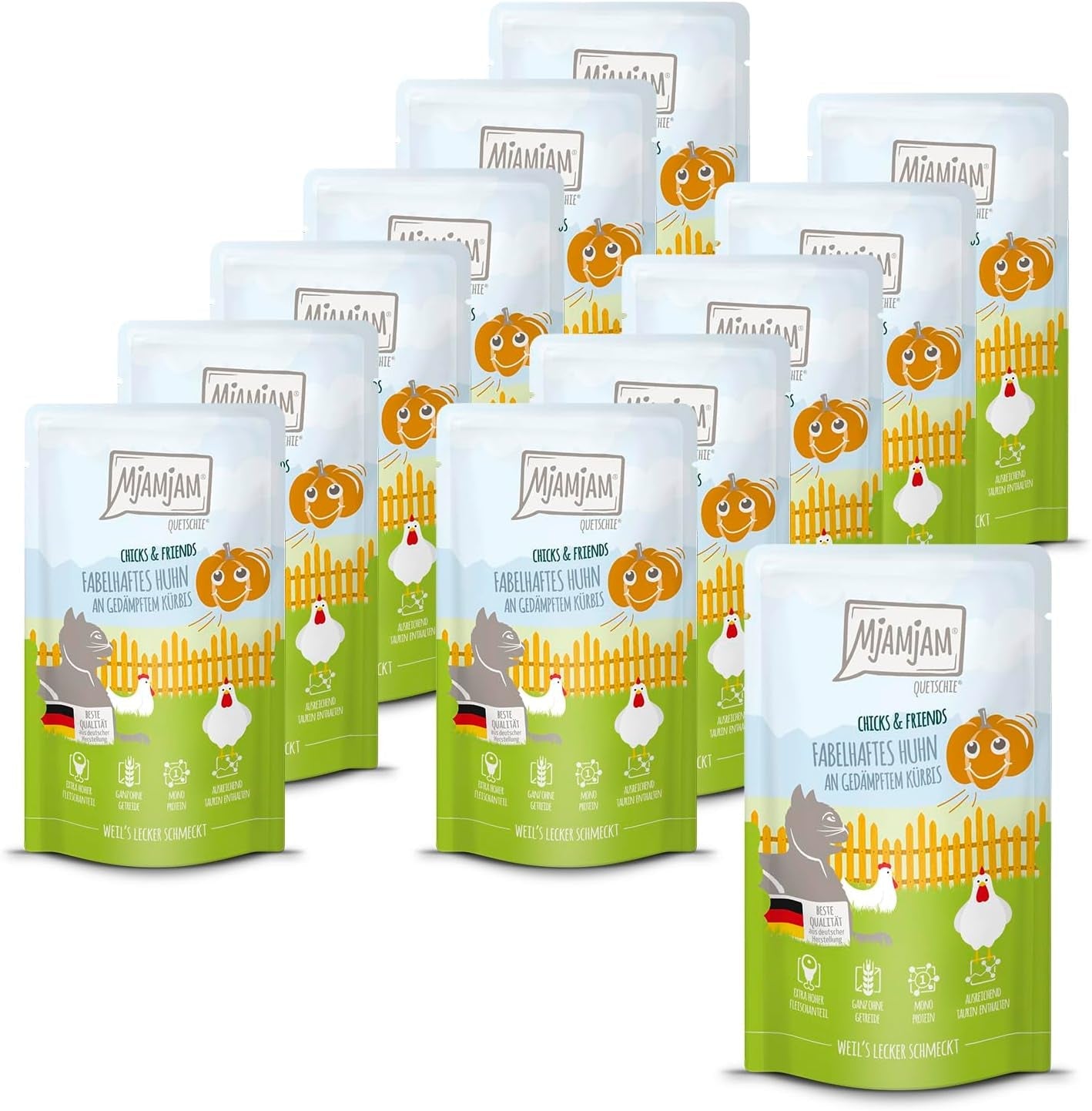 MjAMjAM - Quetschie - Chicks & Friends fabelhaftes Huhn en gedämpftem Kürbis 12 x 125g