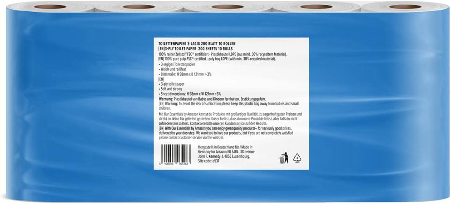 By Amazon Toiletpapier, 3 lagen, 10 rollen (10 rollen, 1-pak) 200 vellen per rol, Fsc-gecertificeerd