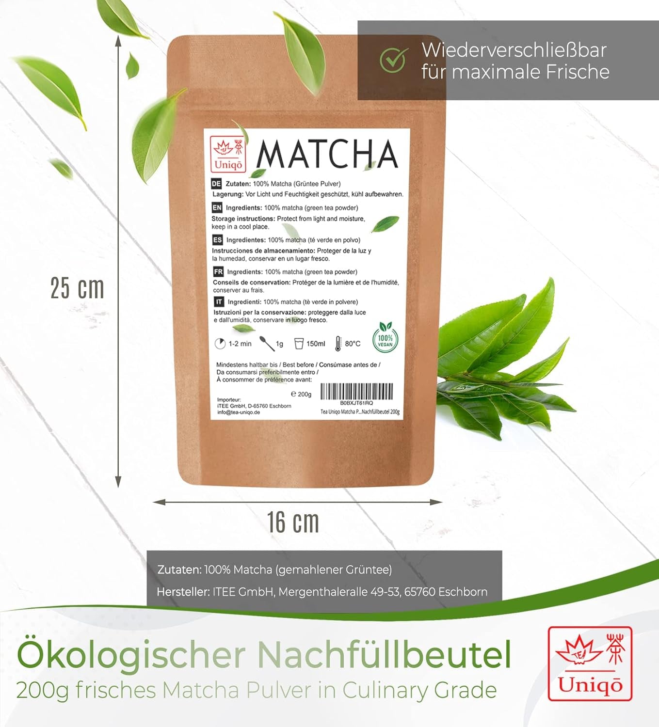 Uniqo Matcha theepoeder 200 g in hervulbare ecologische verpakking