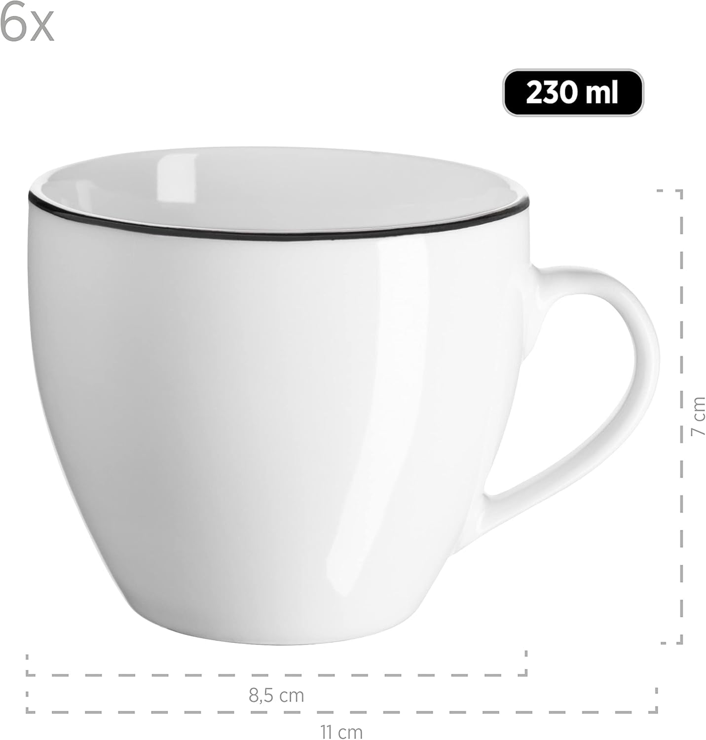 Mäser Nola Serie Modern 6-Persoons Koffieservies Wit met Zwarte Rand 18-delige Serviesset Koffiekopjes Schoteltjes en Dessertbordjes - Rond Koffieservies Koffieset Wit