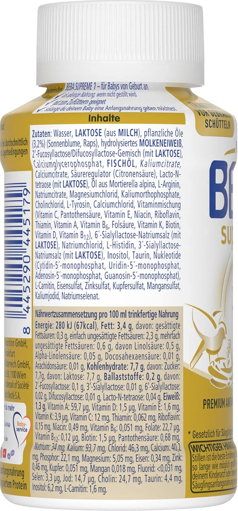 BEBA Nestlé BEBA SUPREME 1 Zuigelingenmelk: kant-en-klare flesjes met Omega 3, verpakking van 4 (1 x 200 ml)
