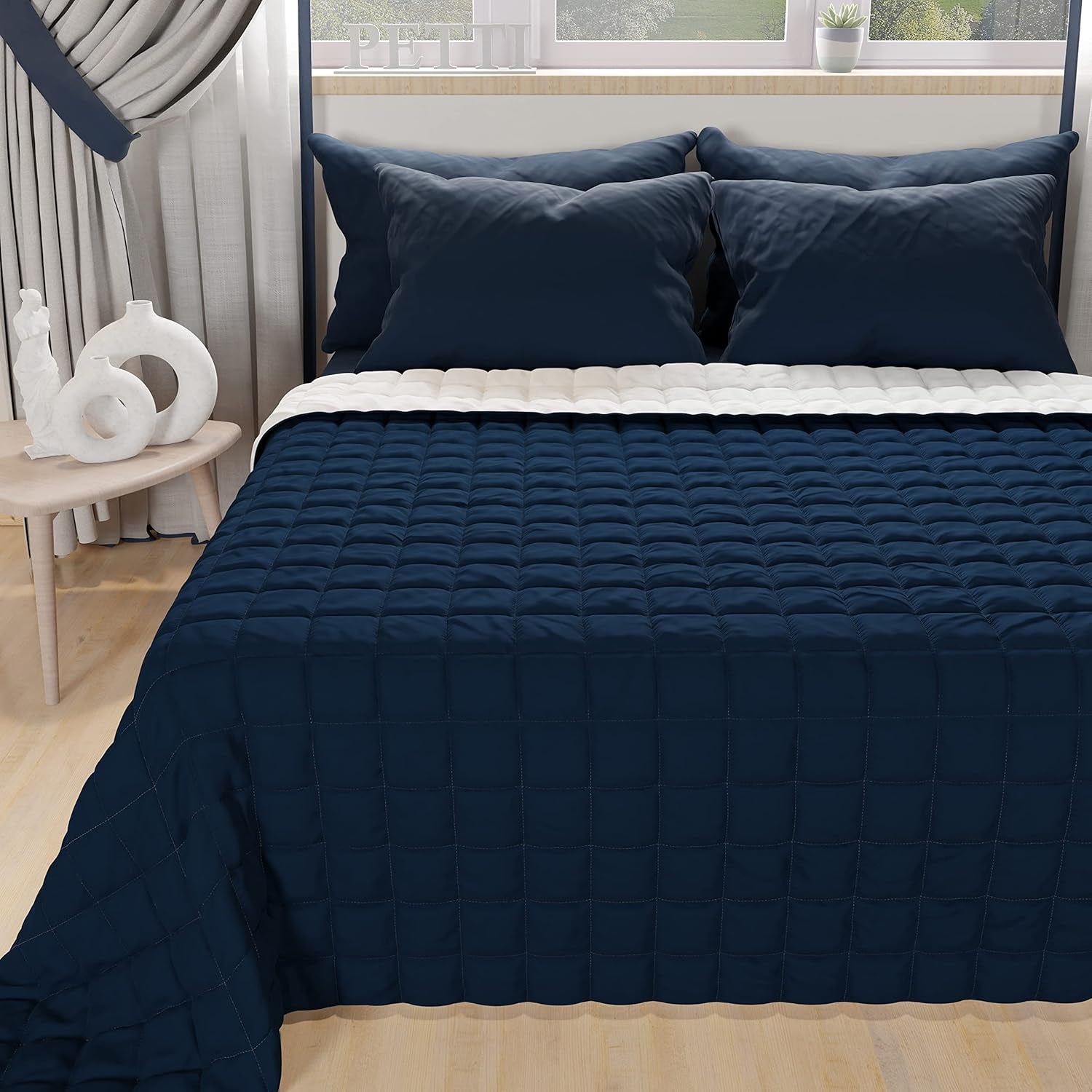 PETTI Artigiani Italiani - Eenpersoonsbedovertrek, dubbelzijdige sprei, verensprei, nachtblauw, wit, 100% Made in Italy Dekbedden en dekbedden Naty Shop Middernachtblauw Wit Eenpersoonsbed