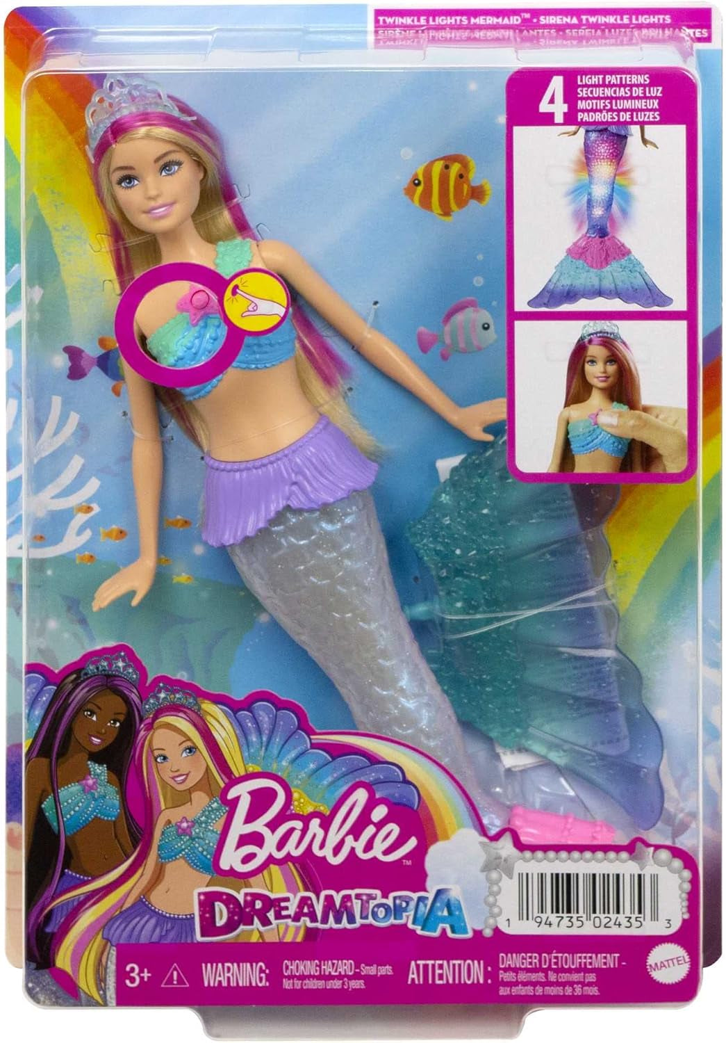 Barbie Dreamtopia Magic Light zeemeerminpop met blond haar, Barbiepop met zeemeerminstaart, geschikt als cadeau voor kinderen vanaf 3 jaar, HDJ36