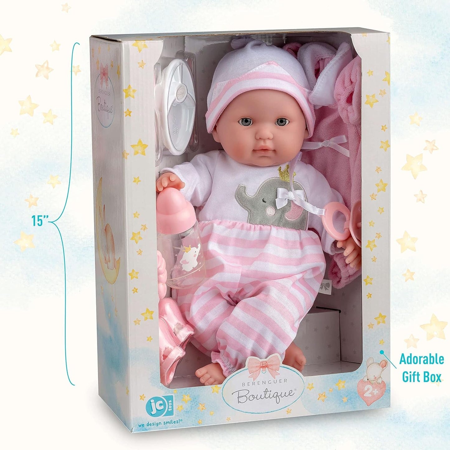 JC Toys - Berenguer Boutique 38 cm zachte, levensechte pop met open/gesloten mond, 10-delige cadeauset, babyfles, rammelaar, fopspeen en accessoires, roze, vanaf 2 jaar