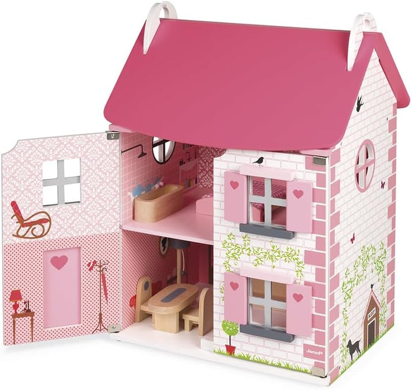 Janod - Mademoiselle houten poppenhuis, 3 verdiepingen en 11 accessoires, replica speelgoed, stimuleert de verbeelding, vanaf 3 jaar, J06581, Roze Naty Shop poppenhuizen