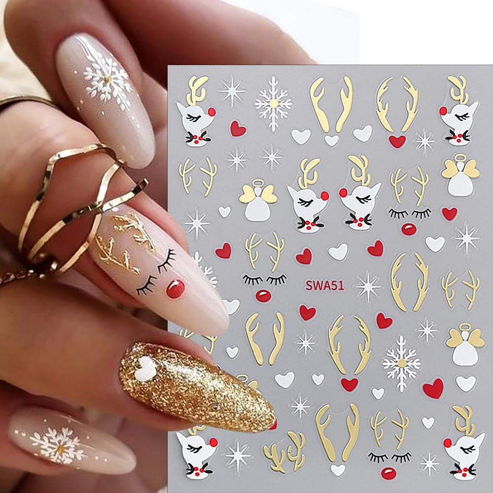 Cartoon Sneeuwvlok Nagelstickers, Kerstnagelstickers, Zelfklevend, Kerstnagelontwerpen, Nagelkunst, Herten, Sneeuwvlokken, Kerstnagelstickers, Winternagelaccessoires
