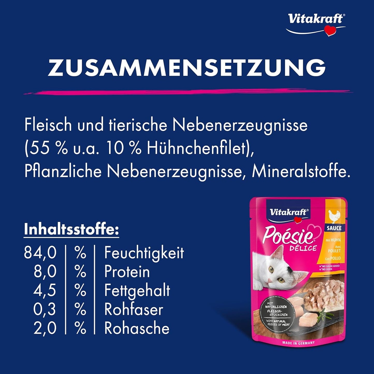 Vitakraft Poésie Délice, Nassfutter Katze, Katzennassfutter in saus, met kip, Vorratspackung, ohne Zusatz von Zucker en Getreide (23x 85g)