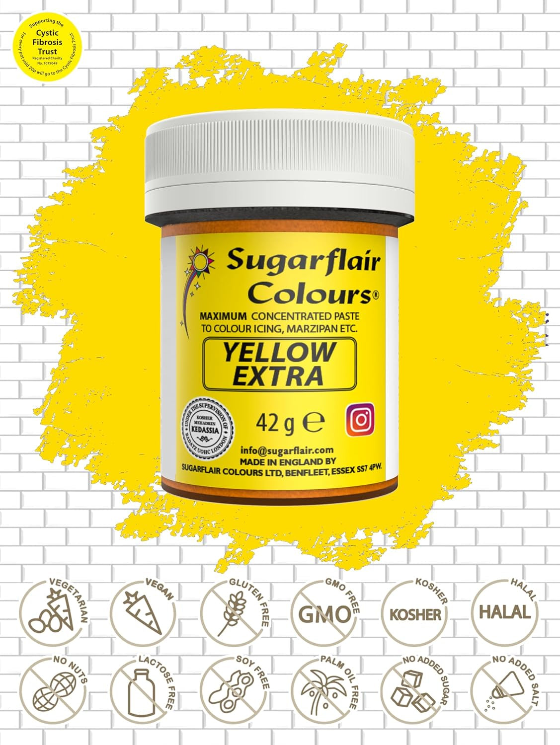 Kleurstof Sugarflair Max Concentrated Yellow Extra, sterk geconcentreerde kleurstof voor marsepein en fondant, pastakleuring Max Concentrate - 42 g