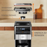 KRUPS Grind Aroma XL espressomachine, afneembare conische molen, digitaal bedieningspaneel, XL-capaciteit (1,5 l), warmhoudfunctie, glazen karaf, zwart/roestvrij staal, KM842810