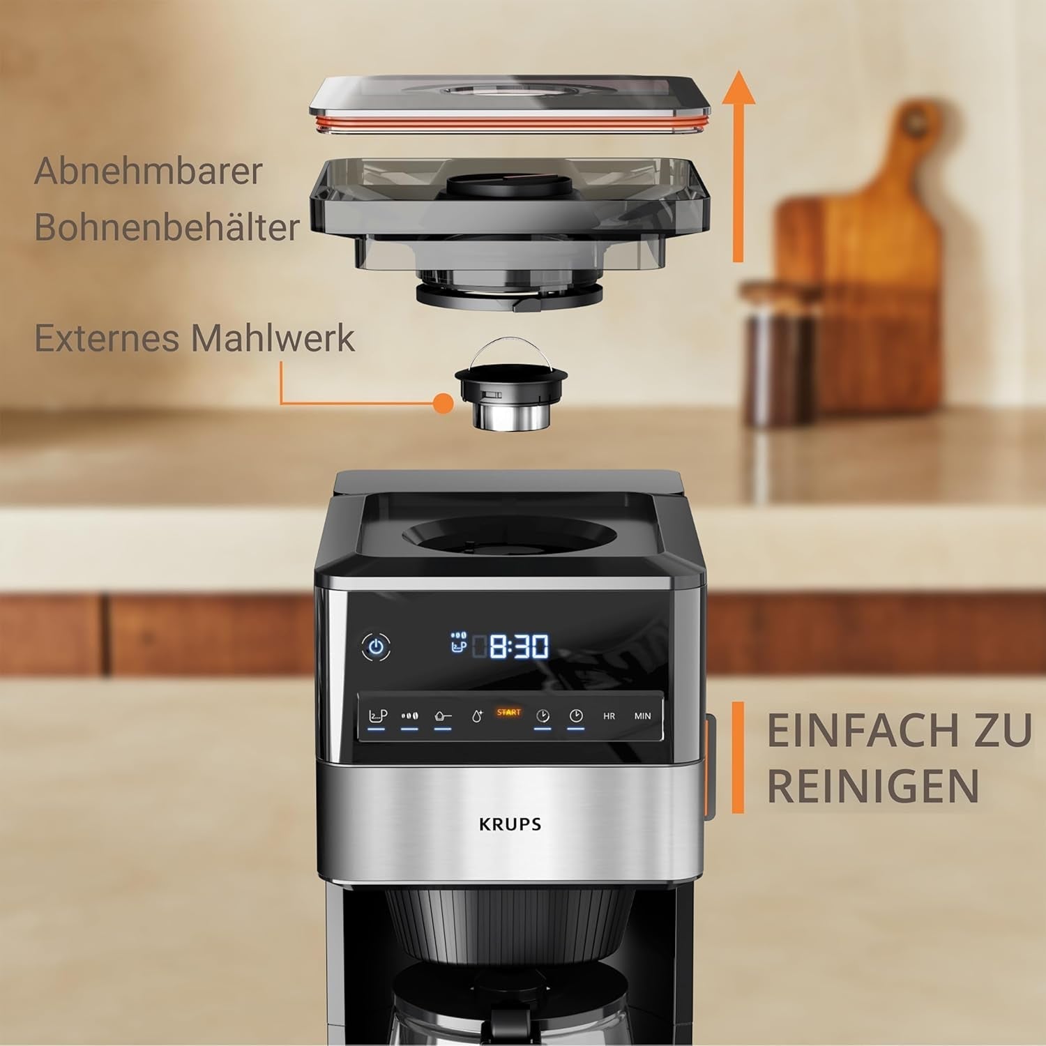 KRUPS Grind Aroma XL espressomachine, afneembare conische molen, digitaal bedieningspaneel, XL-capaciteit (1,5 l), warmhoudfunctie, glazen karaf, zwart/roestvrij staal, KM842810