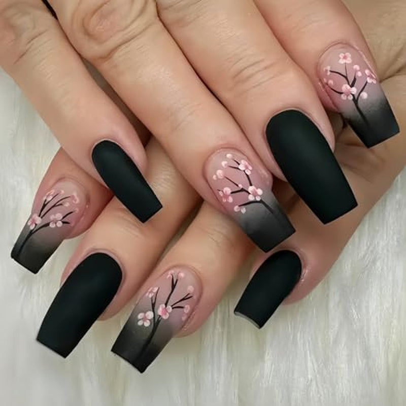 24 stuks herfst zwarte Franse pers nagels roze bloem lange nagels lijm op kunstnagels herfst kunstnagels set met accessoires