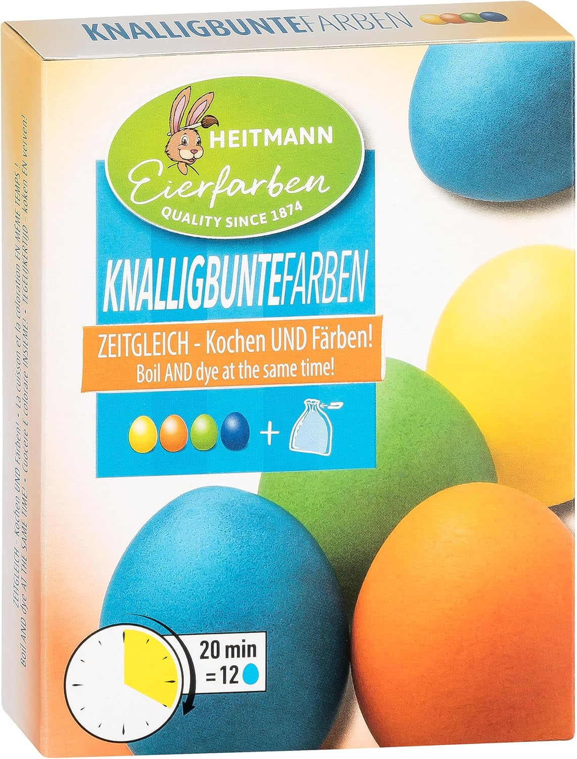 Heitmann Eierverf Heldere Kleuren - 4 Eierverfflessen (Geel, Oranje, Groen, Blauw), 2 Kleurversterkers, 4 Kleurstofzakjes, 4 Clips