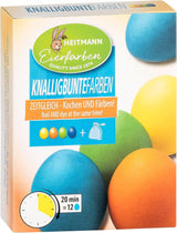 Heitmann Eierverf Heldere Kleuren - 4 Eierverfflessen (Geel, Oranje, Groen, Blauw), 2 Kleurversterkers, 4 Kleurstofzakjes, 4 Clips