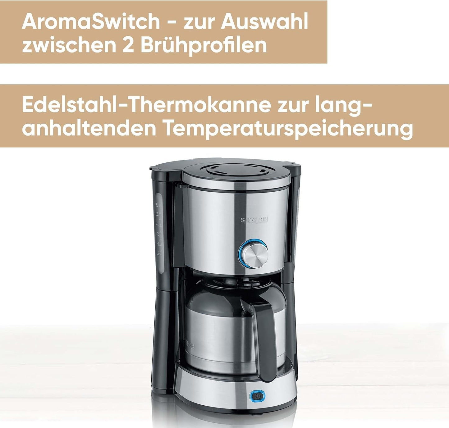 SEVERIN "TypeSwitch" espressomachine met thermische karaf, AromaSwitch voor keuze tussen 2 zetprofielen, koffiezetapparaat voor maximaal 10 kopjes, 1000W, geborsteld roestvrij staal-zwart, KA 4845