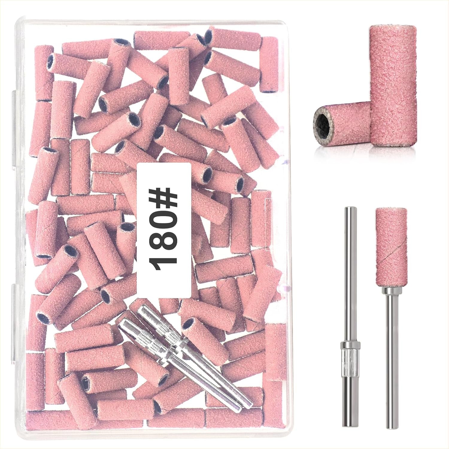 BLESWIN 100 stuks kleine schuurbanden voor nagelboren, fijn 240 korrel met 2 stuks 3 mm boren, mini-schuurbanden voor het polijsten van natuurlijke nagels en het reinigen van nagelriemen voor voorbereiding, roze