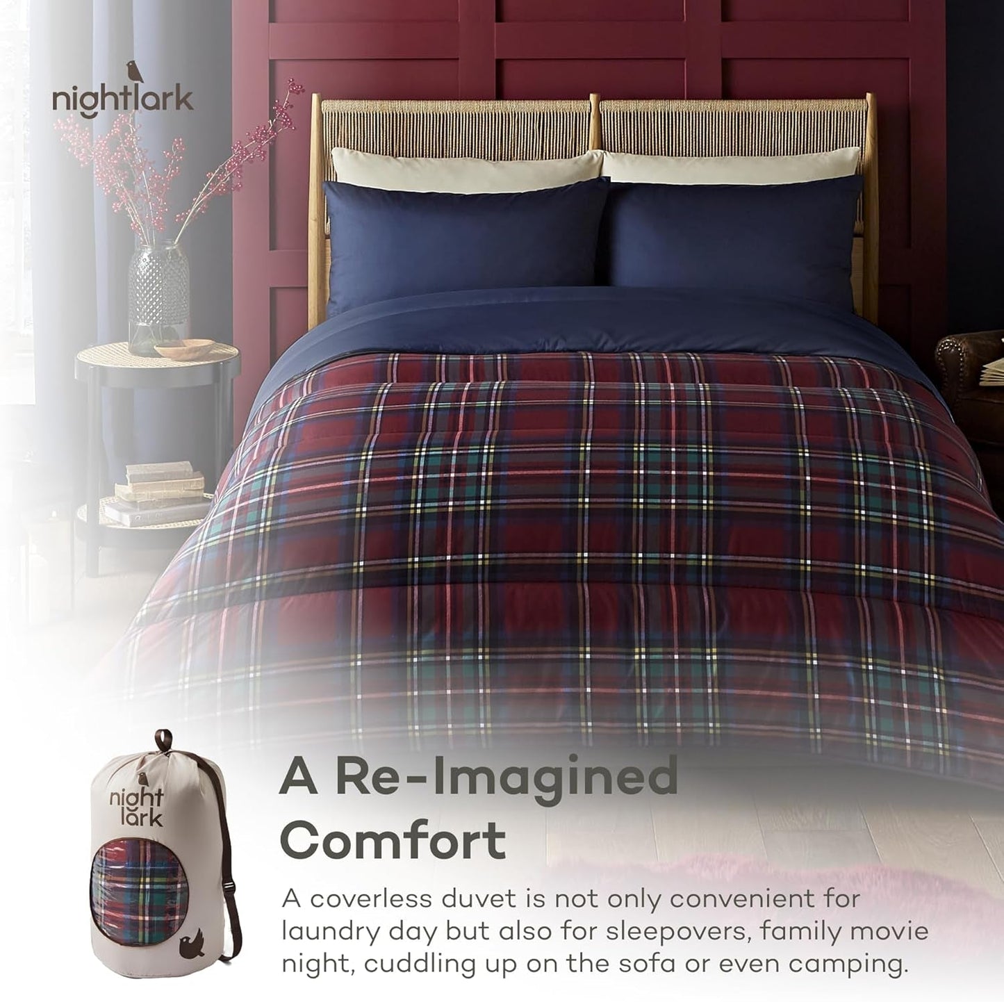 Night Lark dekbed- en kussensloopset, 10,5 tog, eenpersoons, klassieke rode Schotse ruit, luxe beddengoed, hypoallergeen, machinewasbare dekbedden en dekbedden Naty Shop