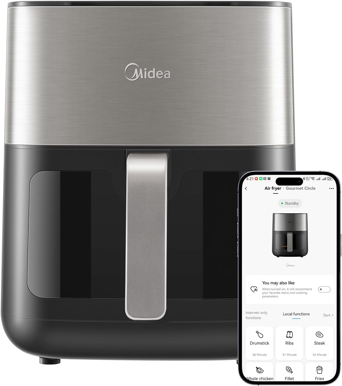 Midea Heteluchtfriteuse 2L, 1150W Airfryer, olievrij, Heteluchtfriteuse, Automatische uitschakelfunctie Huishoudelijke apparaten Naty Shop 6L