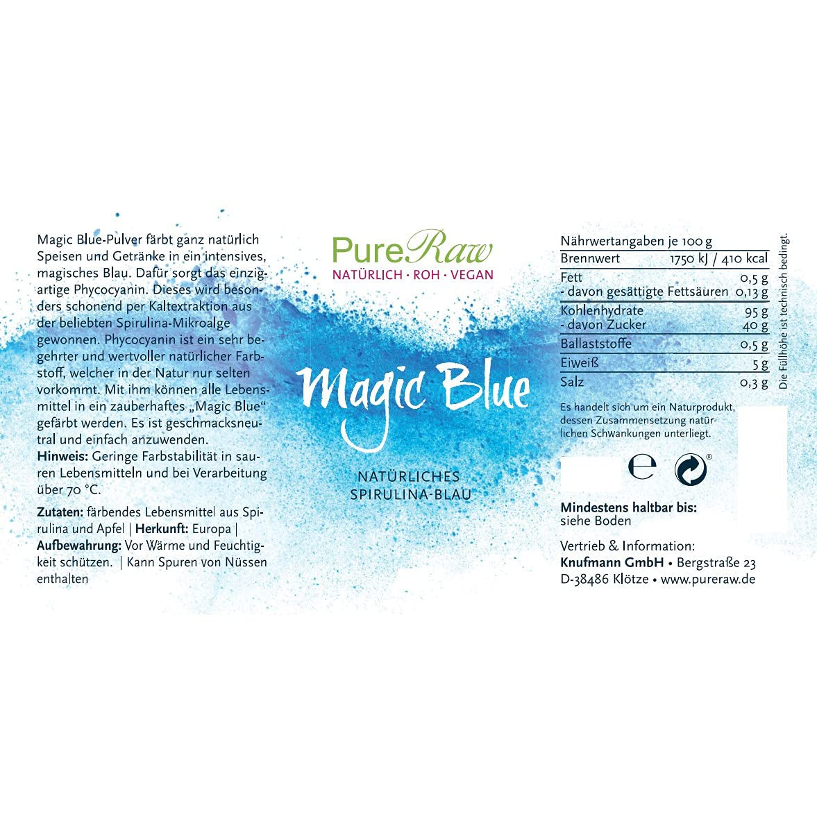 Magic Blue Spirulina Natuurlijke Voedselkleurstof Poeder Blauw (Rauw Veganistisch) Donkerblauw tot Licht Pastelblauw - Phycocyanine Algen Poeder Voedselkleuring - Natuurlijke Voedselkleuring | Pureraw 5G