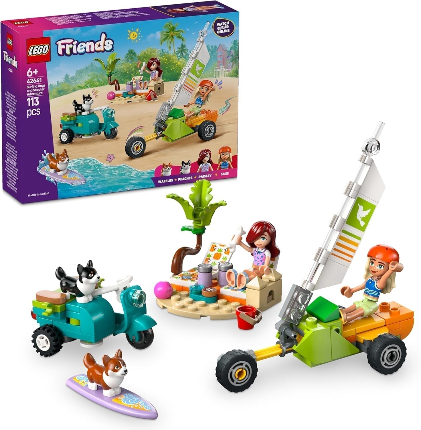 LEGO Friends Strandavontuur met honden, bouwspeelgoed voor meisjes vanaf 6 jaar, dierenspeelset met 2 minifiguren en 2 Corgi-figuren, cadeau voor creatieve kinderen, avontuurlijke bouwset met surfplank 42641 Bouwsets Bekijk de LEGO-Store standaardtitel