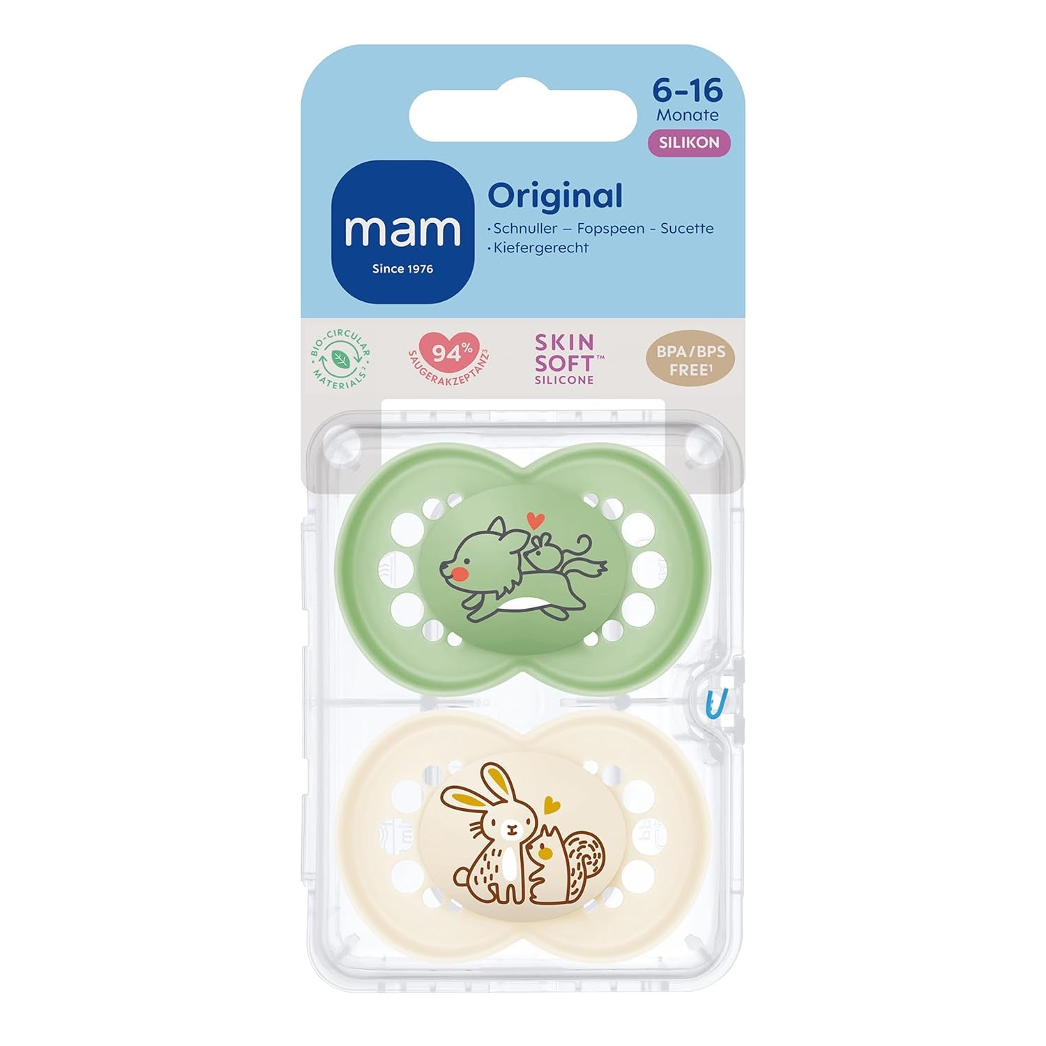 MAM Originele Fopspenen, 2-pack, Tandvriendelijke babyfopspenen, gemaakt van duurzame en biologisch regenereerbare materialen, MAM SkinSoft siliconen spenen, met fopspeendoos, 6-16 maanden, Wolf/Konijn