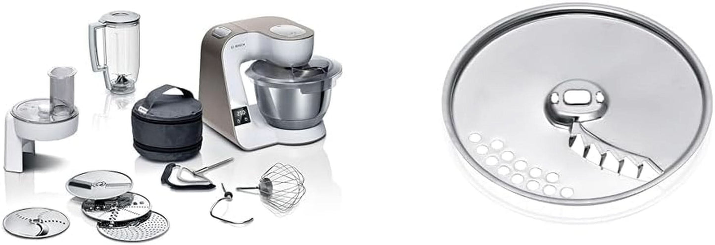 Bosch Series 4 MUM5X720 keukenmachine, geïntegreerde weegschaal, roestvrijstalen kom 3,9L, mixer 1,25L, 1000W Accessoires Voeding en borstvoeding Bebe Naty Shop Discpack Champagne Wit 2 accessoires