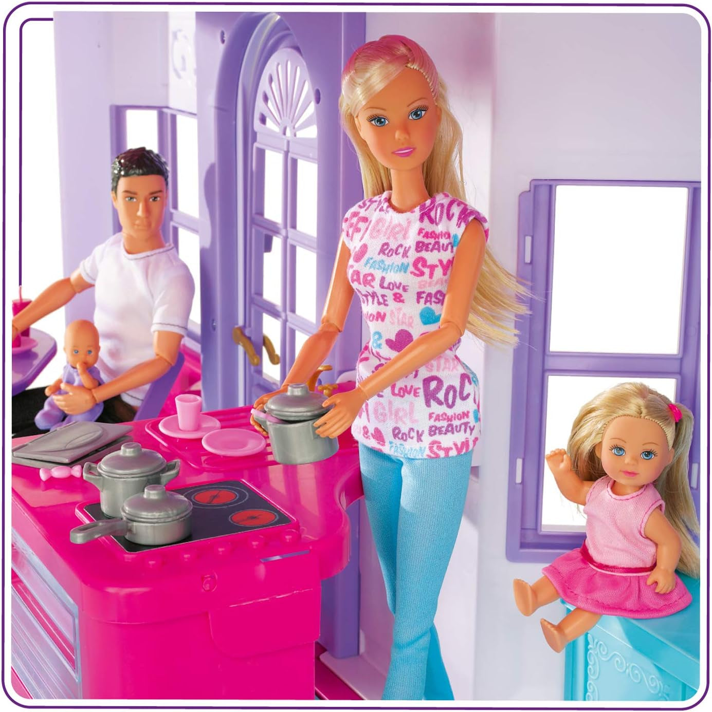 Simba 104661996 - Steffi Love Dreamhouse, groot speelhuis, 4 kamers, GEEN POPPEN, 84 cm hoog, twee niveaus, functionele bel, inklapbare Naty Shop poppenhuizen