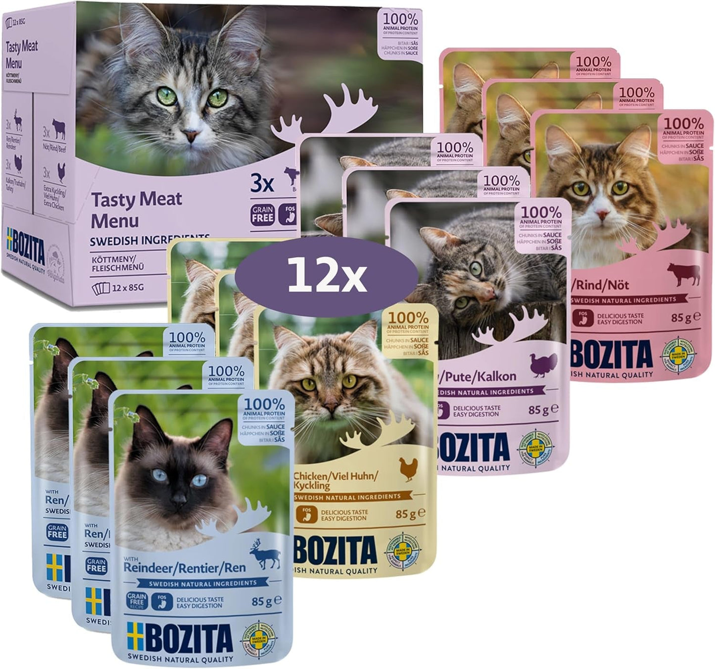 Bozita Natvoer stukjes voor katten in vleessaus - 12 zakjes x 85g Natvoer voor katten zonder graan en tarwe - Natvoer voor volwassen katten met 8,5% eiwit en 4,5% vet
