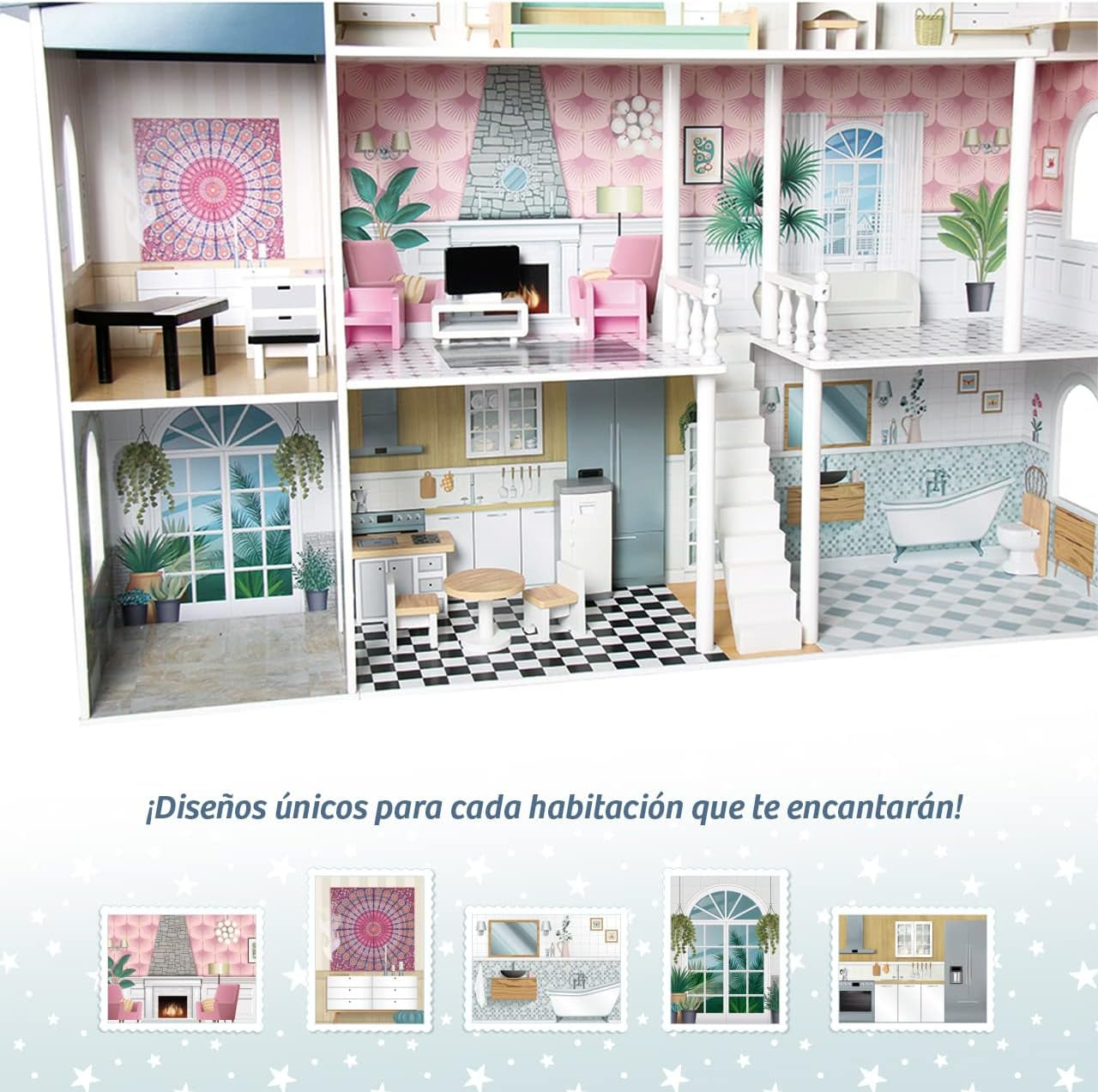 Deqube houten poppenhuis, 4 verdiepingen, poppenhuis met verschillende en nette decoraties in elke kamer, met 17 accessoires - afmeting 135 x 36 x 128 cm (913D00016) Naty Shop Dollhouses