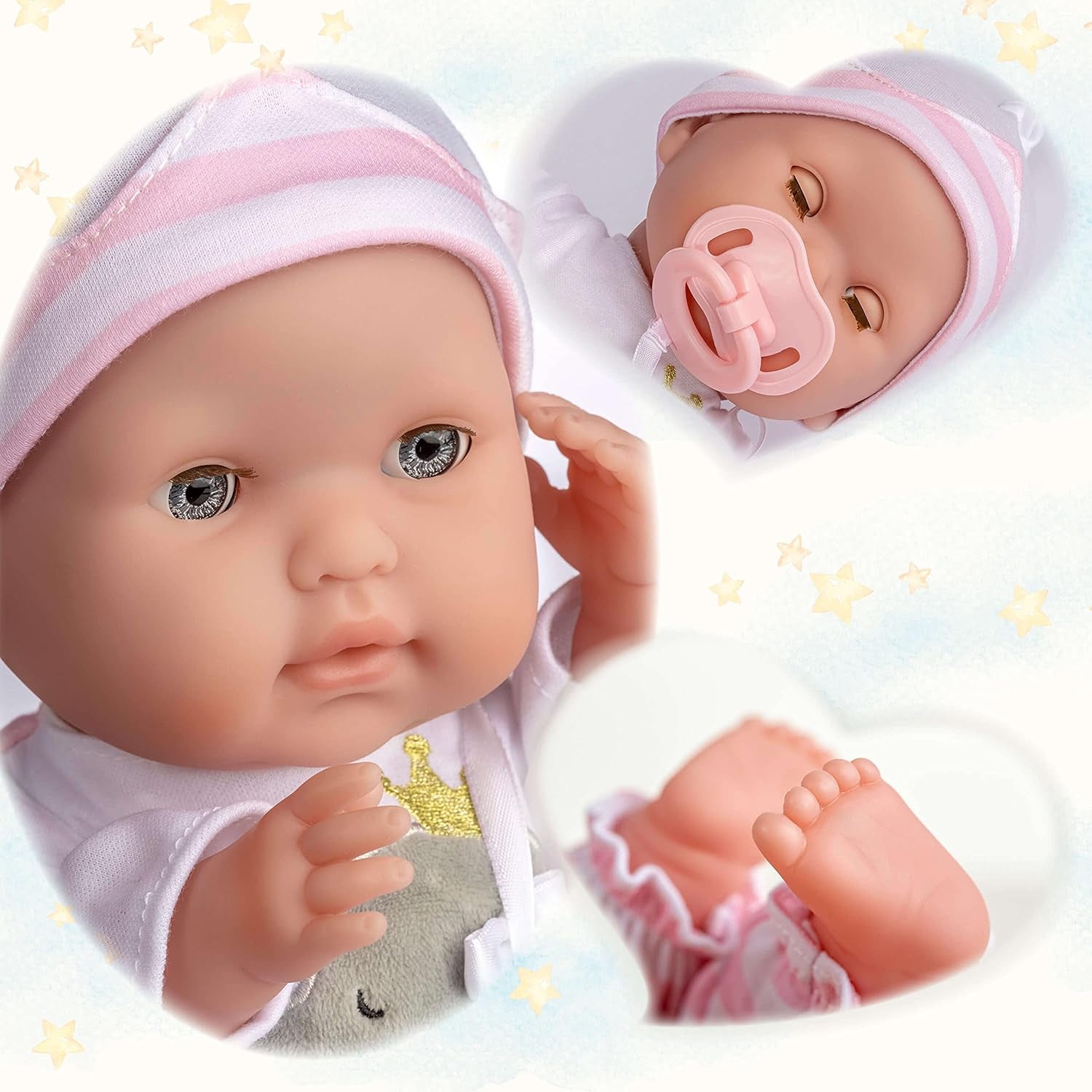 JC Toys - Berenguer Boutique 38 cm zachte, levensechte pop met open/gesloten mond, 10-delige cadeauset, babyfles, rammelaar, fopspeen en accessoires, roze, vanaf 2 jaar