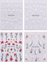 JMEOWIO 3D Nagelsticker Blumen Nail Art Sticker Selbstklebend Nagelaufkleber 5D Stereoskopisch Frühling Zomer Decoratie Nageldesign Zubehör 4 Blatt