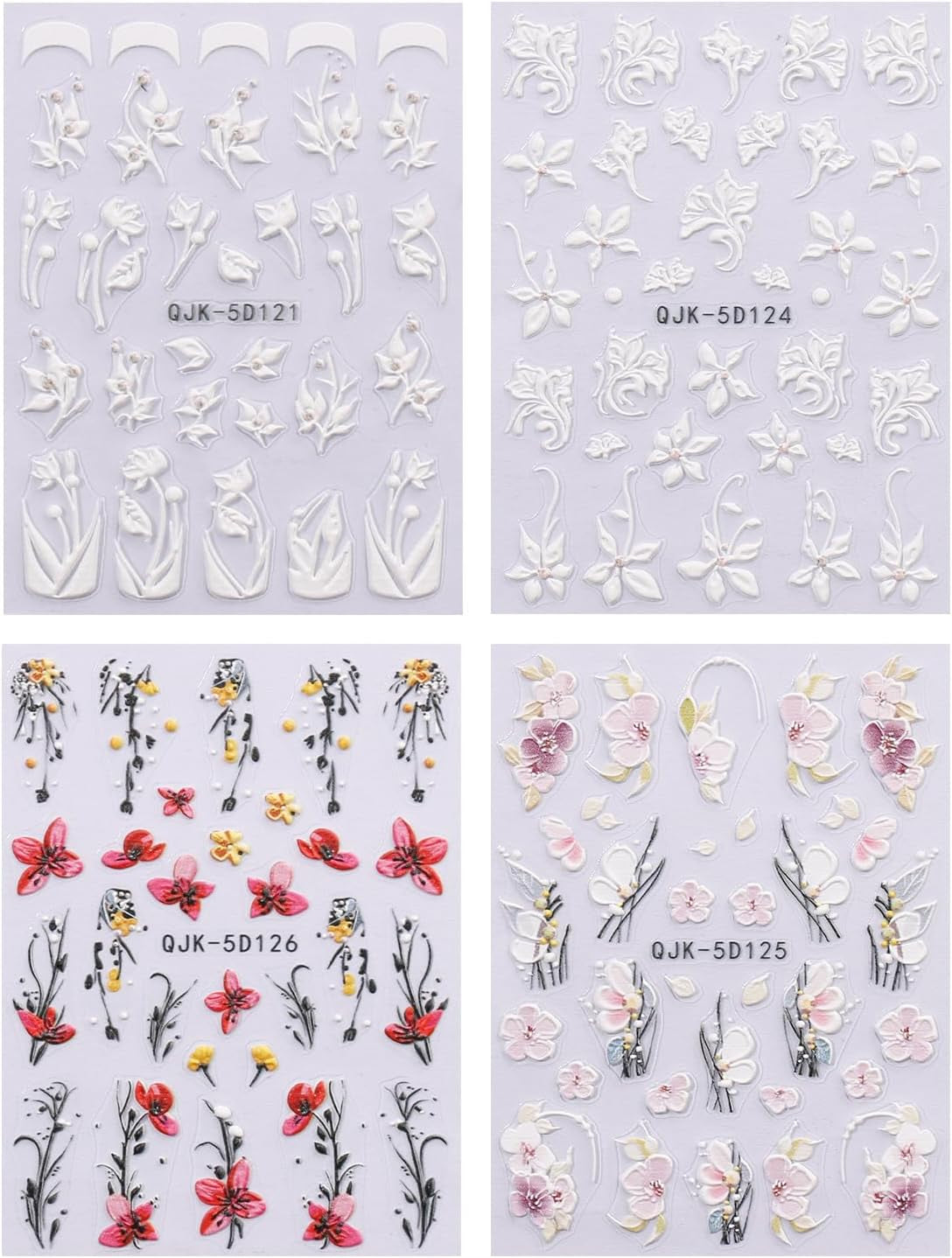 JMEOWIO 3D Nagelsticker Blumen Nail Art Sticker Selbstklebend Nagelaufkleber 5D Stereoskopisch Frühling Zomer Decoratie Nageldesign Zubehör 4 Blatt