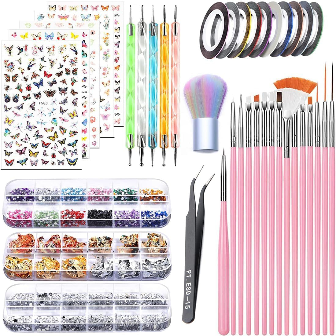 Nagelstickers en accessoireset - 5 nagelstickers, penseel, stenen, decoratieve tape, goudfolie - perfect voor manicure en gelnagels - 50-delige set