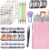 Nagelstickers en accessoireset - 5 nagelstickers, penseel, stenen, decoratieve tape, goudfolie - perfect voor manicure en gelnagels - 50-delige set