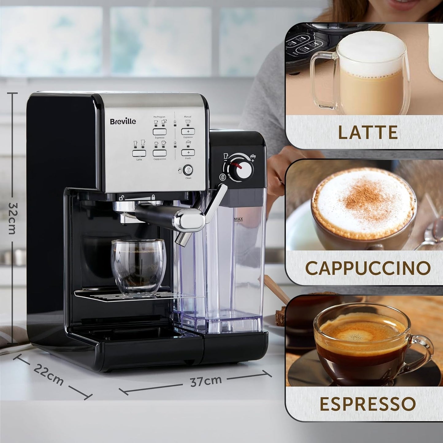 Espresso Breville Prima Latte II | Latte- en cappuccinomachine | Professionele pomp met 15 bar en melkopschuimer | Zilver [VCF108X]