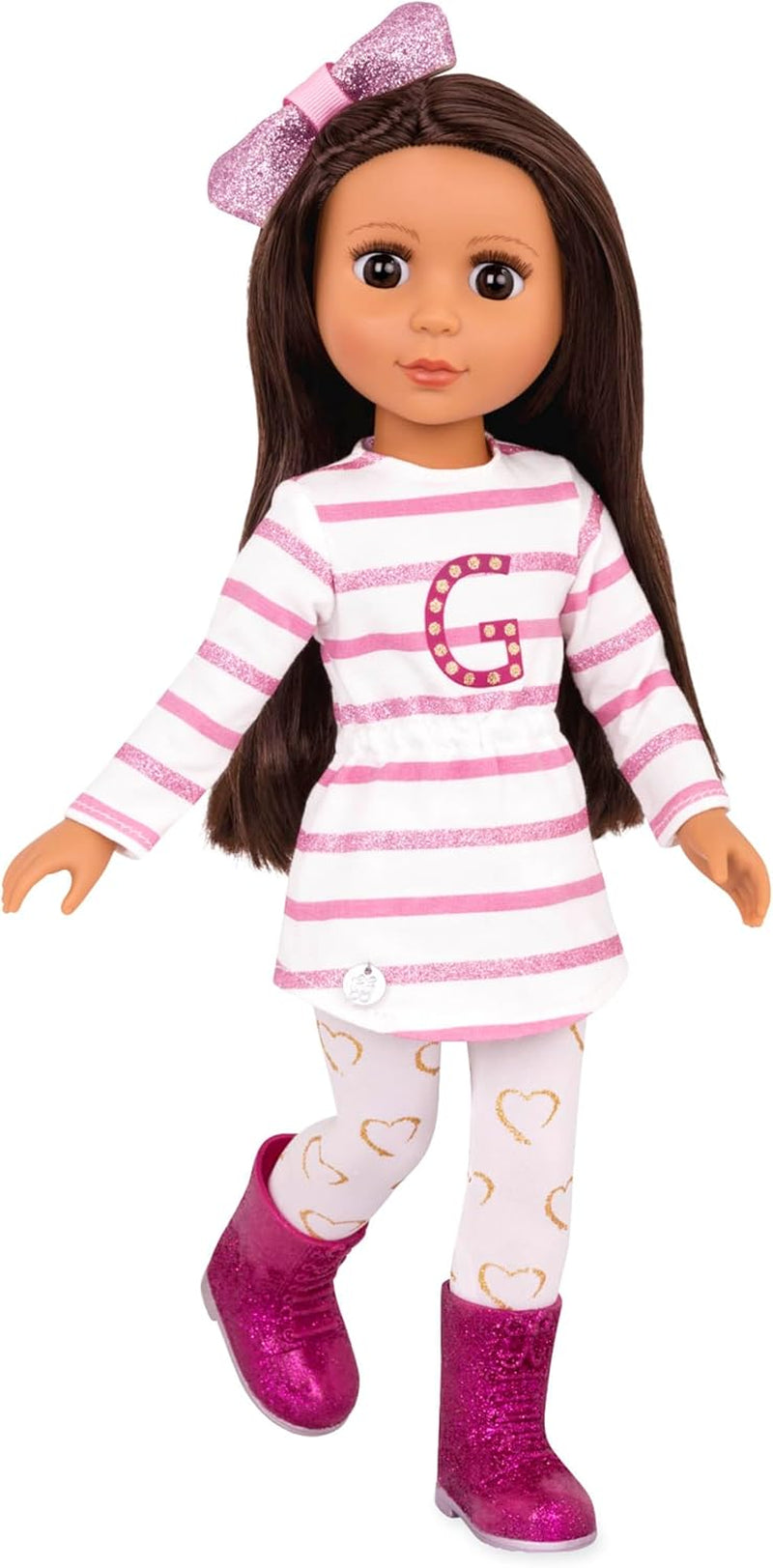 Glittermeisjes - Sarinia - Gelede modepop van 36 cm - Steil bruin haar en bruine ogen - Gestreepte tuniek en glitterlaarzen - 3 jaar +