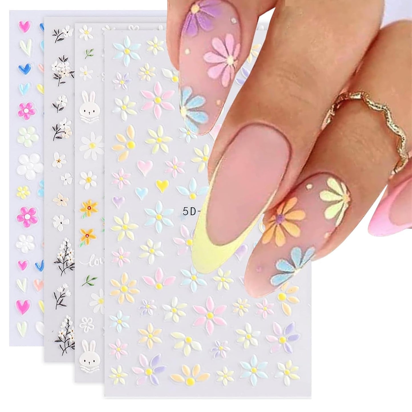 Nagelstickerset voor individuele nageldesign, 4 Blatt Frühlingsthemen Nail Art Zubehör, Perfect voor 3D-gelnagel en UV-gelstrips