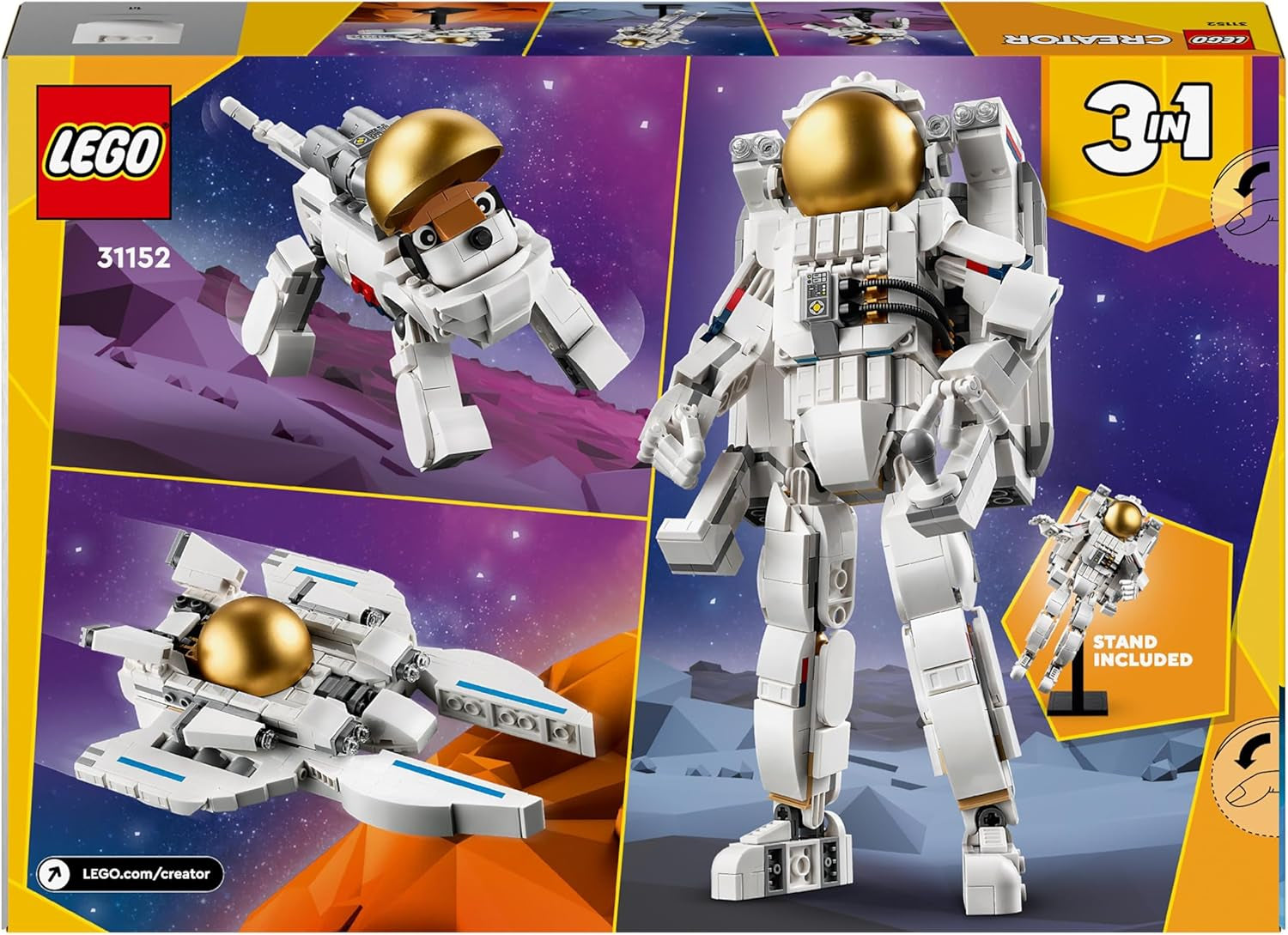 LEGO Creator 3In1 ruimteastronautspeelgoed, honden- en ruimteschipmodel voor kinderen, kleuterschooldecoraties, creatief cadeau voor jongens en meisjes vanaf 9 jaar 31152 Bouwsets Besuche in LEGO-Store