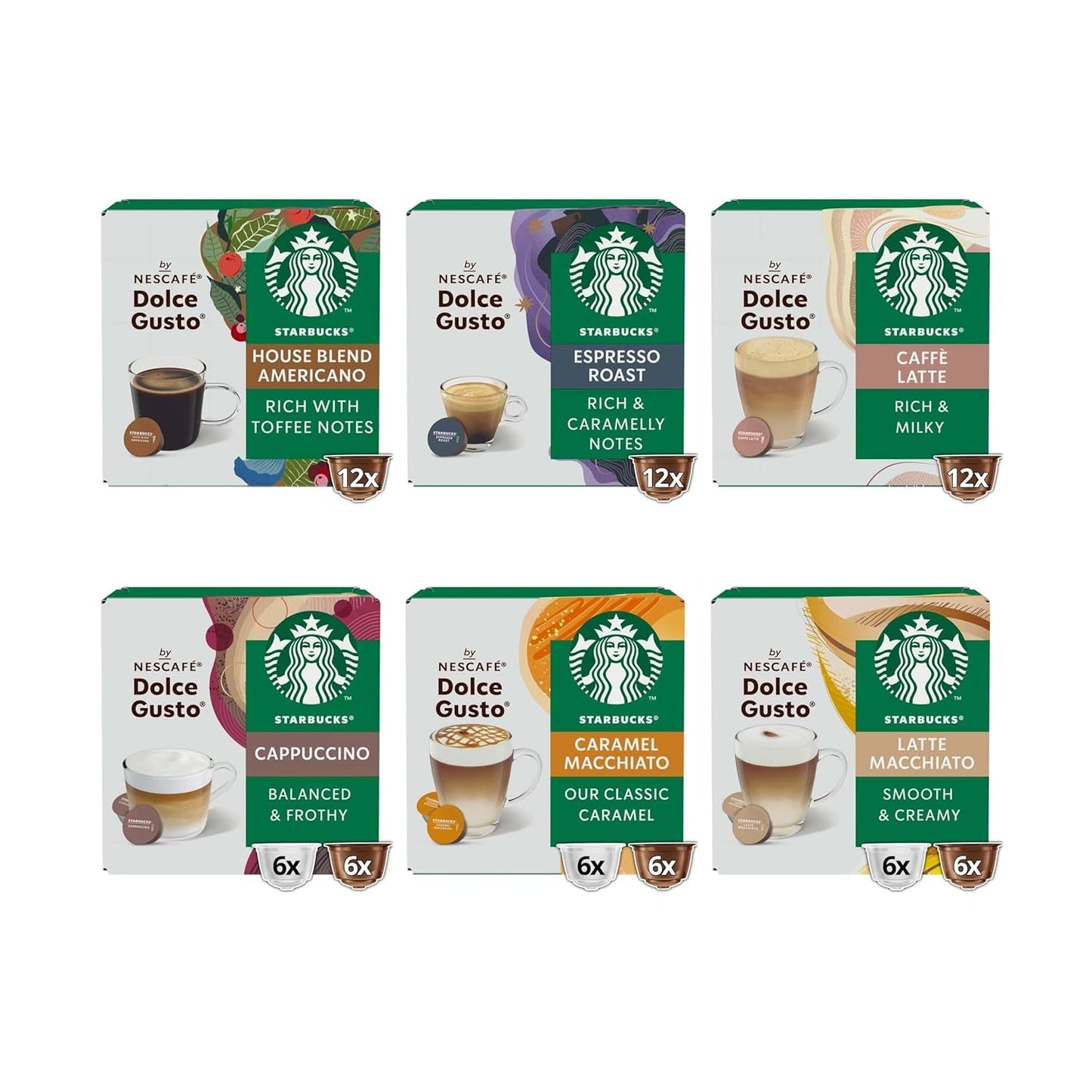 STARBUCKS Probierset, Mixed Cup Variety Pack van Nescafé Dolce Gusto Kaffeekapseln 6 x 12 (72 Kapseln) - Exclusief bij Amazon
