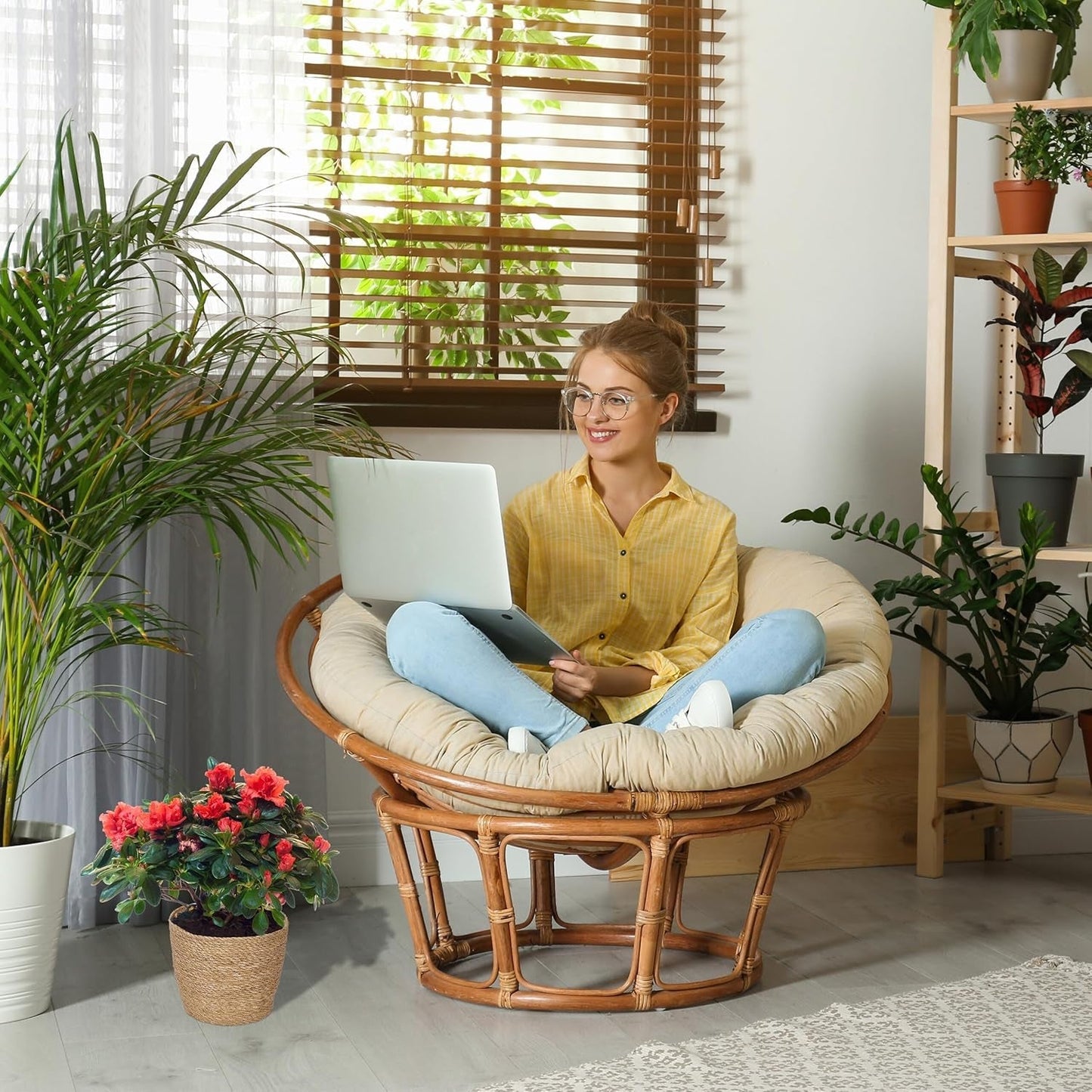 Relaxdays bloempotten van zeegras set van 3 ronde bloemen- en kruidenmand met folie 3 maten plantenbak naturel