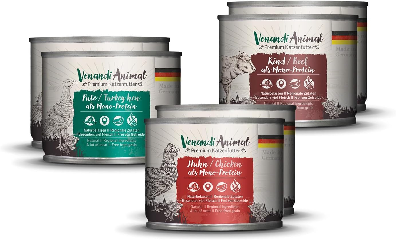 Venandi Animal - Premium Nassfutter für Katzen, Probierpakett I, Chicken, Pute, RInd, 6 x 200 g (6er Pack), onbelemmerd en natuurlijk eten