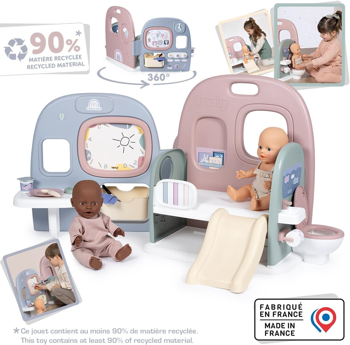 Smoby - Babyverzorging Poppenkwekerij - Poppenspeelcentrum Kinderdagverblijf + Kleuterschool Dagelijks leven - Opvouwbare speelruimte met 360° rotatie - 6 accessoires - Gemaakt van 90% gerecycled materiaal in Frankrijk, vanaf 3 jaar