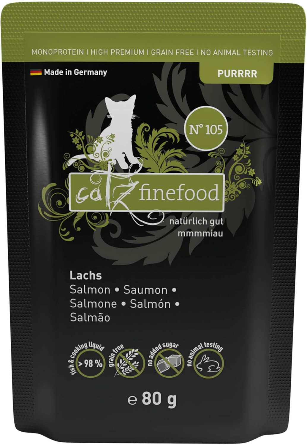 Kattennatvoer Catz Finefood Purrrr met monoproteïne en zalm nr. 105, voor katten met een gevoelige spijsvertering, 16 x 80 g
