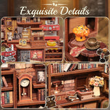 CUTEBEE Boekenhoekset - DIY-poppenhuizen, LED-verlichte miniatuurhuisbouwset voor volwassenen, 3D houten puzzel en boekenstandaard - Boekenplankdecoratie en cadeau (hoekcafé)