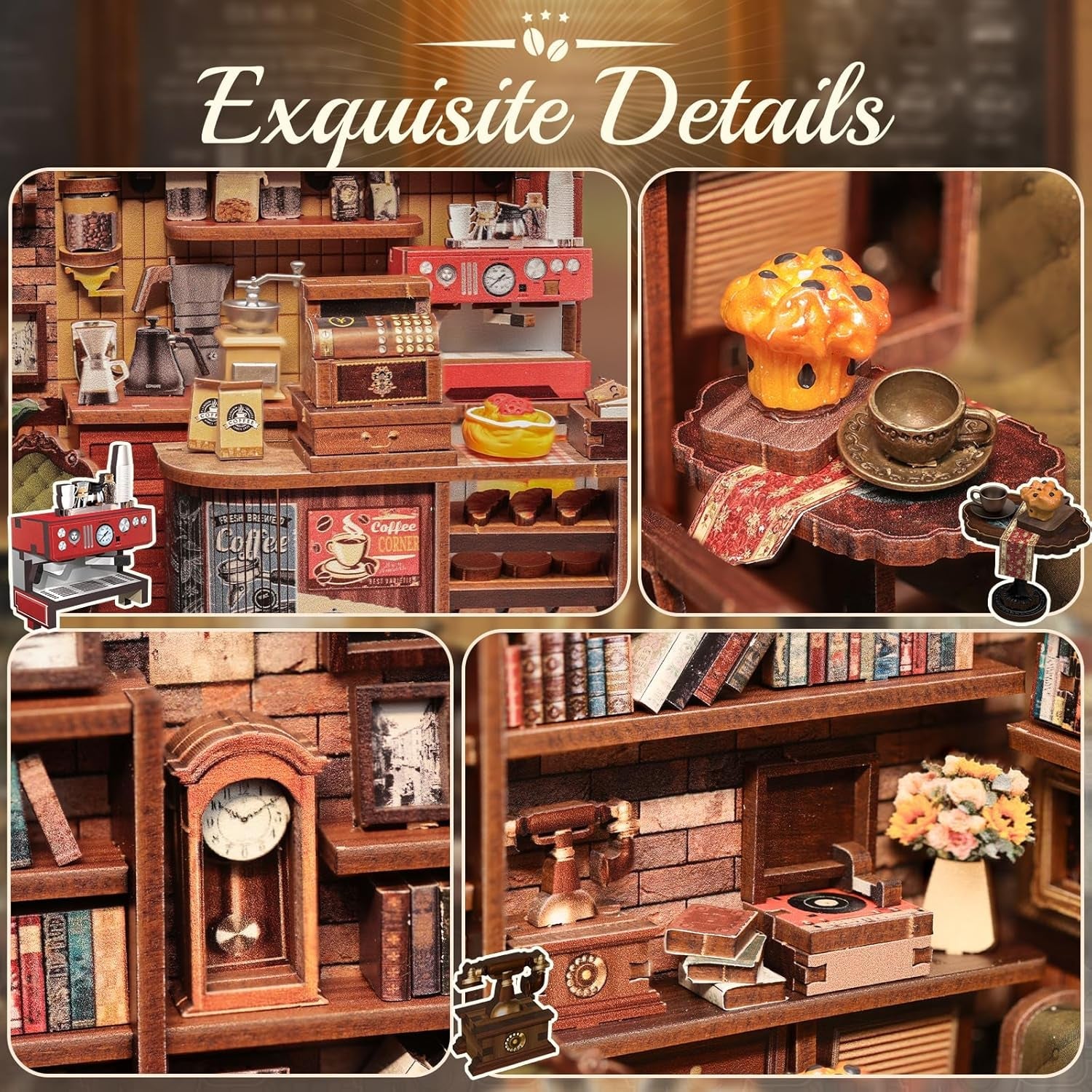 CUTEBEE Boekenhoekset - DIY-poppenhuizen, LED-verlichte miniatuurhuisbouwset voor volwassenen, 3D houten puzzel en boekenstandaard - Boekenplankdecoratie en cadeau (hoekcafé)