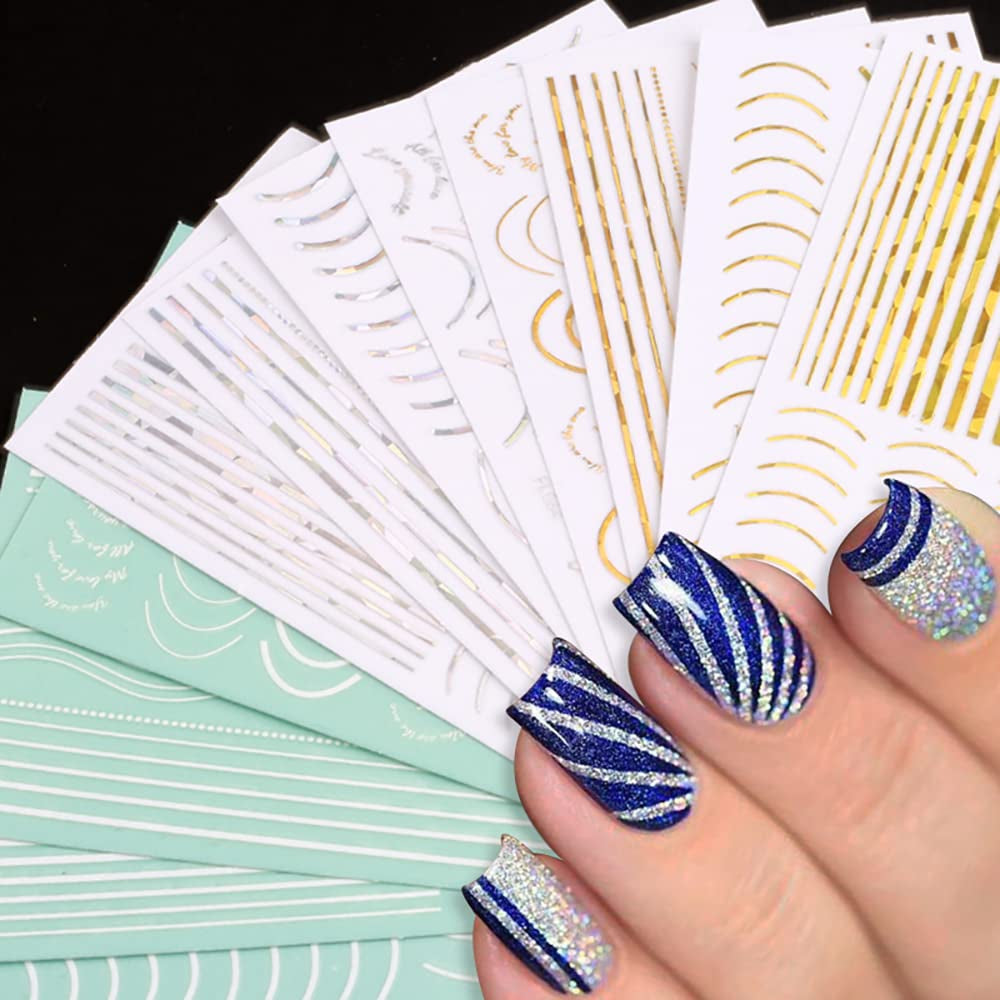 12 vellen Laserglitterlijnen Zelfklevende nagelstickers Holografische stickers Bronzen strepen Nagelstickers Franse lijn Gebogen strikken Golvende lijnen Nagelstickers Nagelkunstaccessoires