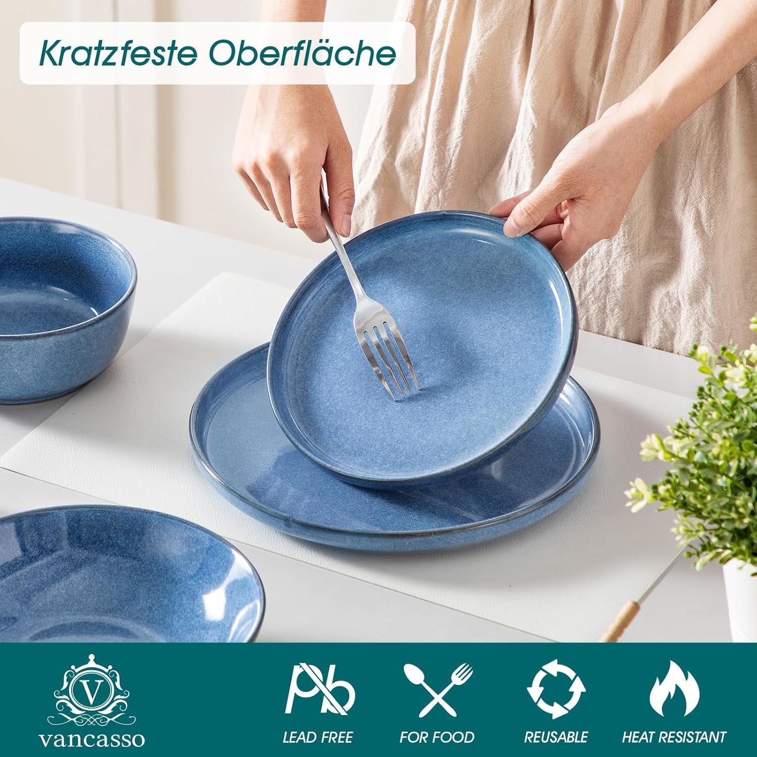 Steingut Geschirrset 6 Personen, vancasso ANYA Blau Teller Set Modern 24 teilig, Tafelservice mit Speiseteller, Suppenteller, Desserttellern, Schüsseln, Geschirr Set Spülmaschinen en Mikrowellenfest