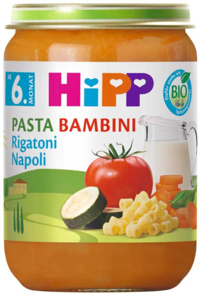 HiPP Pasta Bambini Rigatoni Napoli Organice (6 x 190g), maaltijd vanaf 6 maanden, zonder toegevoegd zout, met Omega-3, van de beste biologische kwaliteit