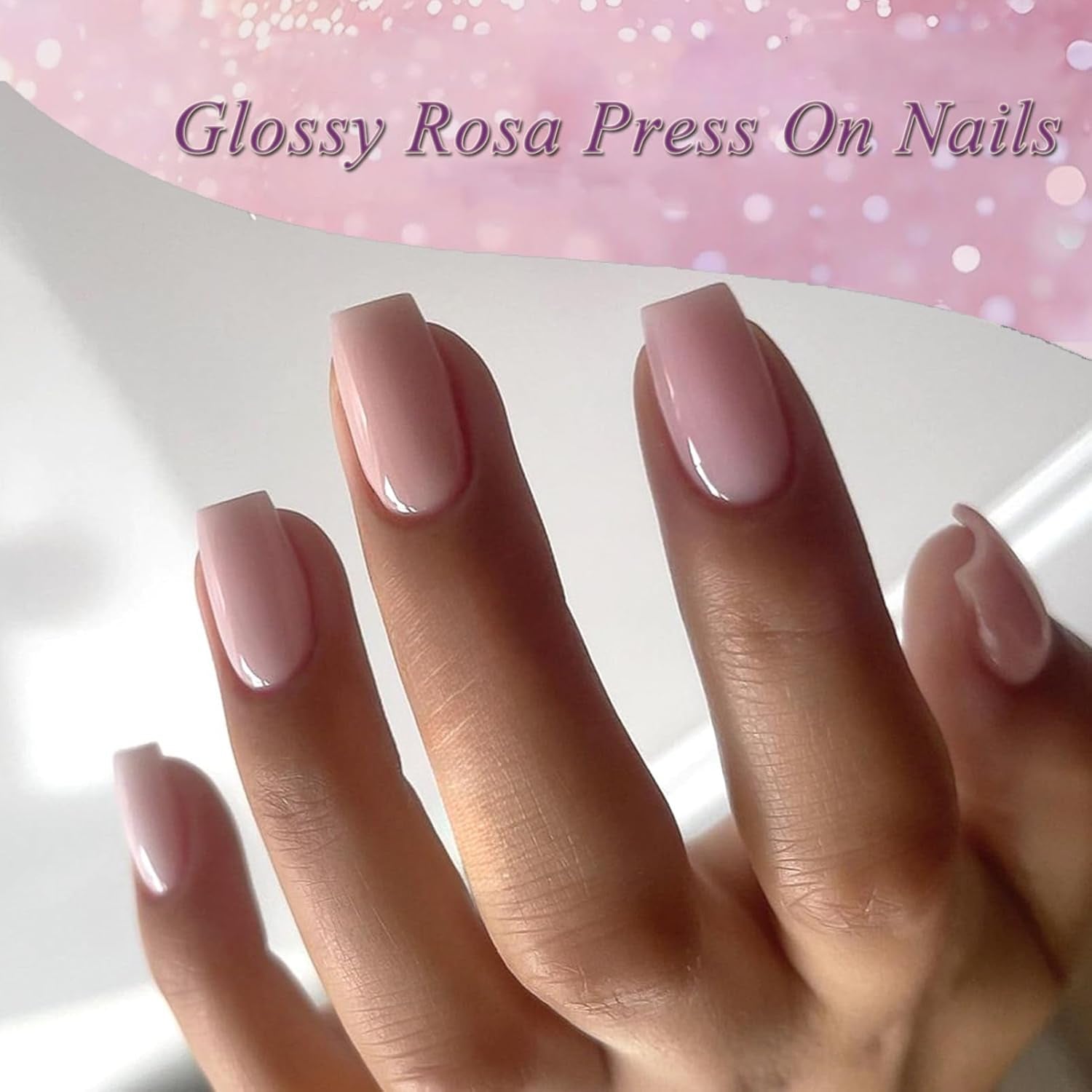 24 stuks roze effen kleur nepnagels zelfklevende neutrale nepnagels medium vierkant zachte gel voor vrouwen diy volledige dekking glitter nepnagels