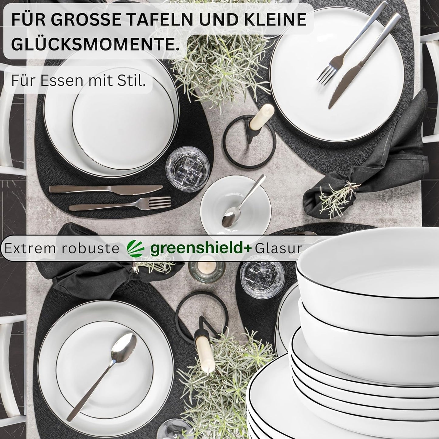 ZANGER | Marlo serviesset met zwarte en witte rand, 18-delige porseleinen serviesset voor 6 personen, wit met zwarte accenten, dinerborden, dessertborden en schalen, modern design | DE PREMIUM COLLECTIE