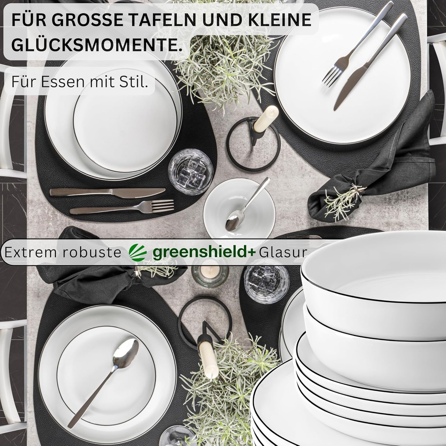 ZANGER | Marlo serviesset met zwarte en witte rand, 18-delige porseleinen serviesset voor 6 personen, wit met zwarte accenten, dinerborden, dessertborden en schalen, modern design | DE PREMIUM COLLECTIE